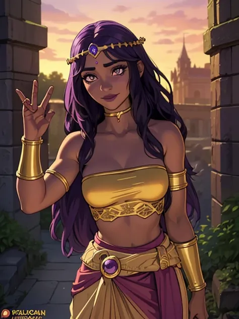 Fantasy style, Fantasy setting, A beautiful young sorceress (1 girl), dark-skinned female, with long purple flowing hair, purple eyes, purple iris, mascaras purple eyeshadow, smile, purple lipstick, skin covered in purple markings, (Wearing: golden headpie...