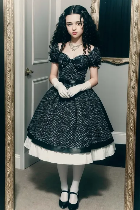 14 year old  looking like Bellatrix Lestrange in black dress with white polka dots, with gloves, necklace with a blue stone, white socks and heels with small heels standing in front of the old mirror