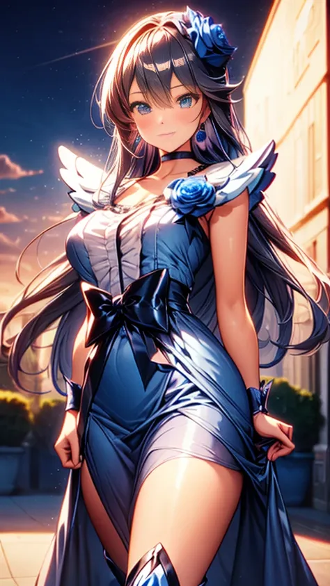 (Highly detailed CG), (Highest quality),(full body)，1 Girl,alone, black choker, earrings, blue flower, magical girl, waist bow, cure moonlight dress, jewelry, flower, wrist cuffs, single elbow glove, boots, eyelashes,Perfect Face,  Shiny skin, Shiny skin, ...