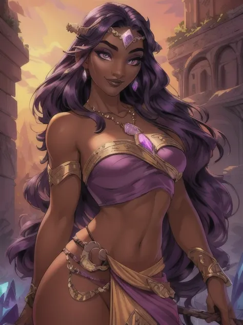 fantasy style, fantasy setting, a beautiful young sorceress (1 girl), dark-skinned female, with long purple flowing hair, purple...