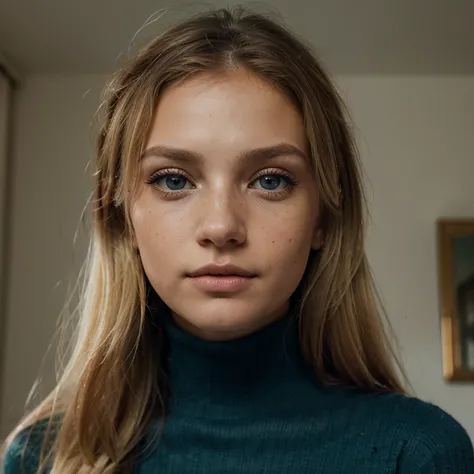 Alone blonde woman with small fine dark green eyes, yeux verts fins, dressed in navy blue turtleneck, col roulé bleu marine sans soutien-gorge, freckled, freckles, face up close, Face uncovered, hair tied behind, posant seule pour une photo, regarde la cam...