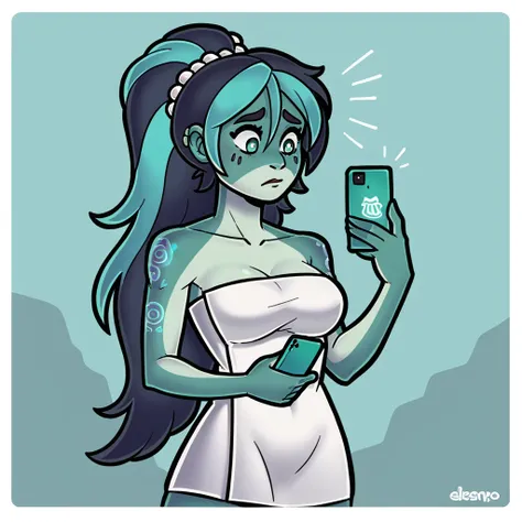 score_9_presence, score_8_up, marina, zig and sharko, wrapped in towel, medium breasts, holding phone