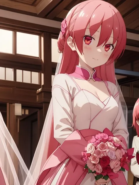 Tsukasa, 1girl, as a bride, wearing a wedding dress, at a wedding ceremony, pink colour hair, red eyes, 8k, high detailed, high quality