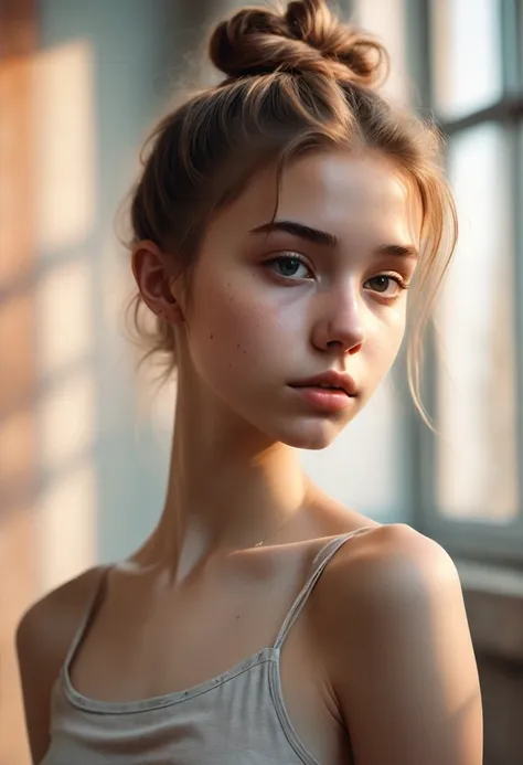 (cinematic photo: 1.3) from (really: 1.3), (comfortable: 1.3) beautiful 18 year old girl, (difficult messy bun of light brown ha...