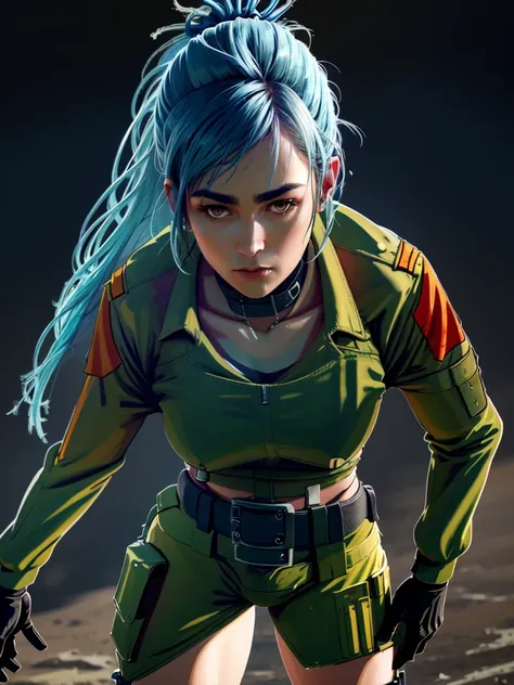 30-year-old woman, alone, athletic, blue hair tied in a ponytail, wears green military shorts, wears a green military top, wears...