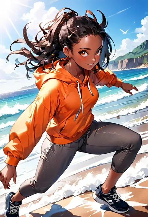 ( black woman, dreadlocks, kickboxer jogging, headphones, beautiful african-caribbean features,  pale orange hoodie,  gray yoga pants, sneakers),  ((((Impossible beauty, screencap, Score_8_up, thickline art, hyper-detail art,  anime coloring, best quality,...