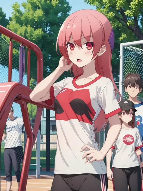 Tsukasa, 1girl, as an athlete, wearing sports t-shirt and pants, at a playground ,, 8k, high detailed, high quality