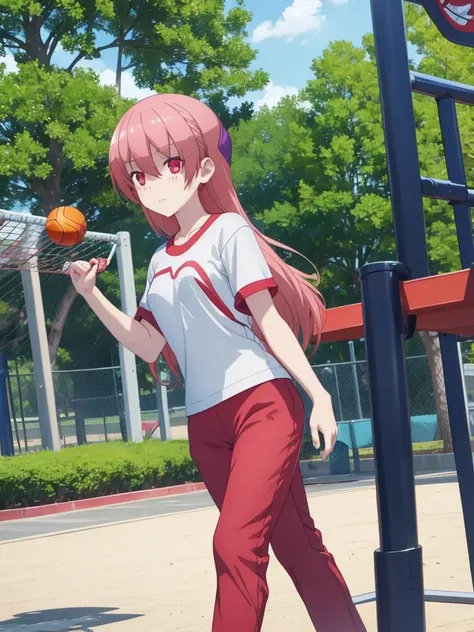 Tsukasa, 1girl, as an athlete, wearing sports t-shirt and pants, at a playground ,, 8k, high detailed, high quality