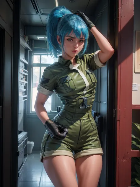 30-year-old woman, alone, athletic, blue hair tied in a ponytail, wears green military shorts, wears a green military top, wears dark gloves, has military boots, high resolution, perfect image, very detailed, high contrast, colors digital, simple, medium s...