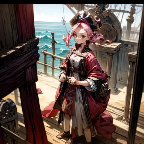 1girl, Full body version, 1character, girl version, black eyes, long Curly haircut, pink colour hair, ancient pirate style clothing, red colour clothing, Grassroots, background in the ship, motion blur, (pokemon style), standing gesture, pirate hat,