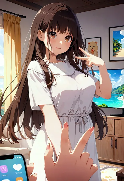 ((1girl)),  super fine illustration, vibrant colors, absurdres extremely detailed CG, 8k wallpaper, (masterpiece:1.3), dynamic angle, dynamic pose, 
best quality, depth of field, cinematic lighting, ultra detailed, brown long hair, very straight hair, larg...