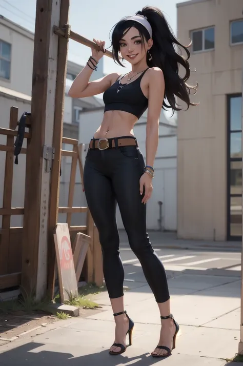 hayley, 1girl, black hair, long hair, solo, necklace, jewelry, tank top, headband, midriff, pants, high heels, belt, navel pierc...