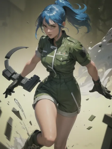 30-year-old woman, alone, athletic, blue hair tied in a ponytail, wears green military shorts, wears a green military top, wears...