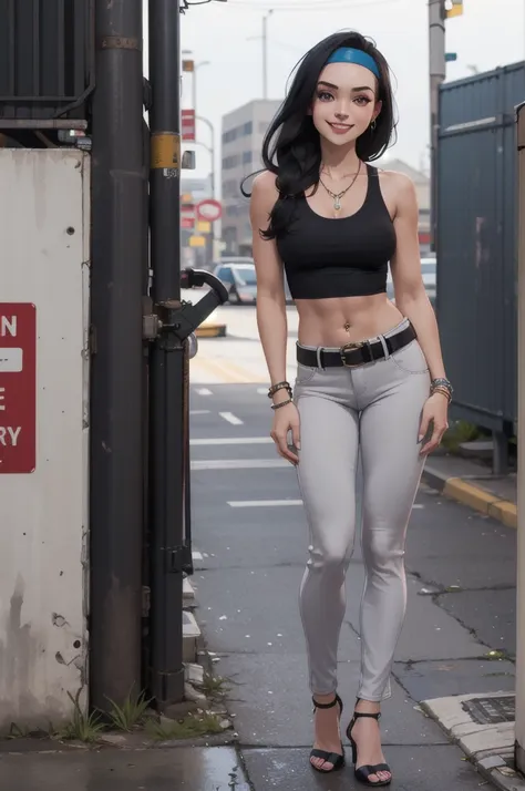 hayley smith, 1girl, black hair, long hair, solo, necklace, jewelry, tank top, headband, midriff, pants, high heels, belt, navel...