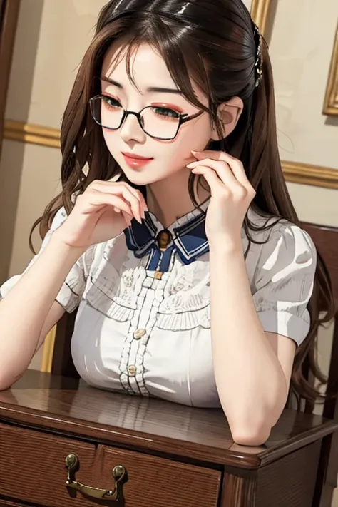 highest quality、masterpiece、high sensitivity、high resolution、detailed description、slender women、glasses、bust touch、