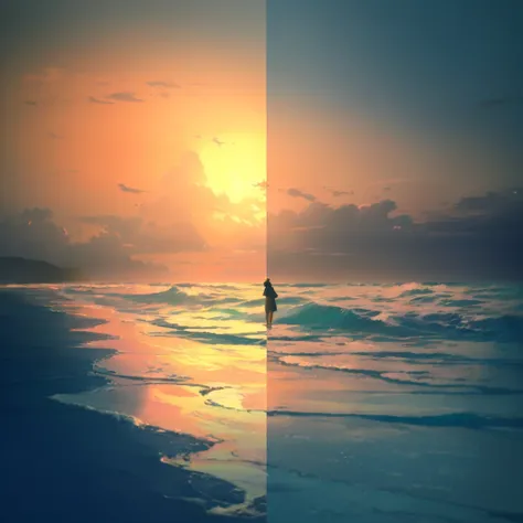 there is a man standing on a beach in the middle of the ocean, makoto shinkai cyril rolando, little detailed. digitalpainting, cyril rolando and goro fujita, Inspired by Cirilo Rolando, reflections. por Makoto Shinkai, Atey Ghailan 8K, inspired by Atey Gha...