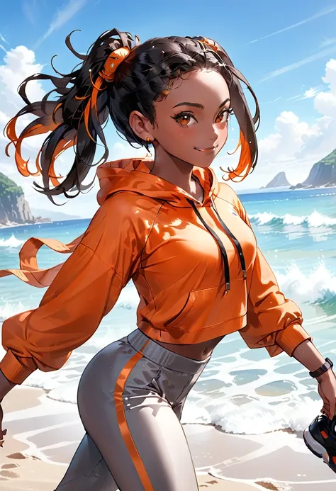 ( black woman, dreadlocks, kickboxer jogging, headphones, beautiful african-caribbean features,  pale orange hoodie,  gray yoga ...