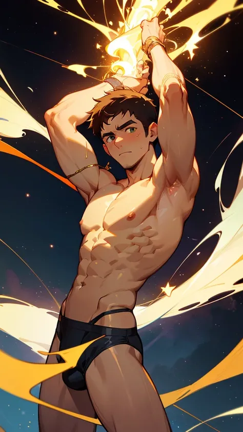 an epic detailed llustration of Chris Redfield, shirtless, cosmic atmosphere, wearing a small string white jockstrap, in a style of surrealism, both arms are above his head, hairy chest. he is wrapped in straps of gold, wearing a small string white jockstr...