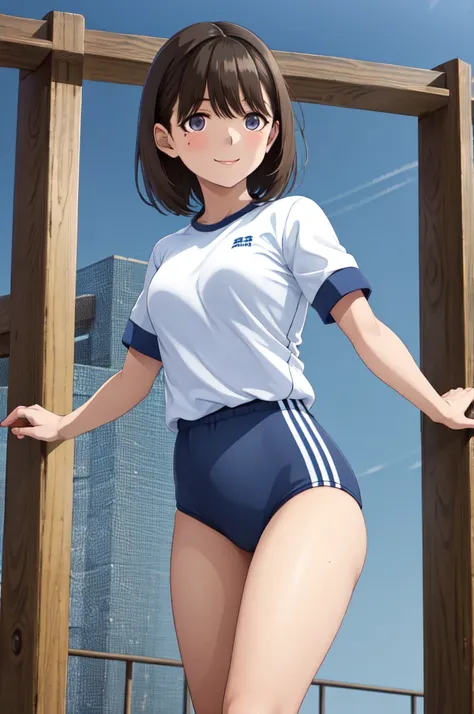 masterpiece, best quality, highres, aanene, short hair, buruma,gym uniform, standing, cowboy shot, outdoors, smile,hentai,