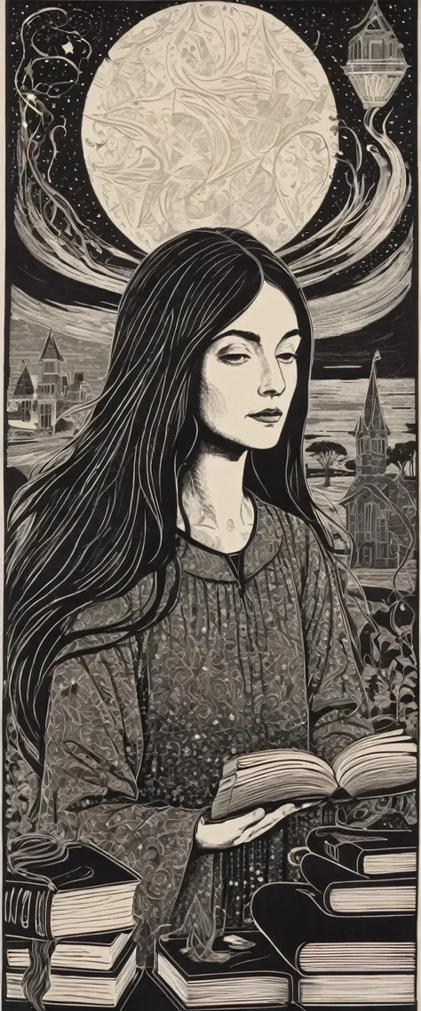 a surreal abstract woodblock print, With the theme "movie theme, series and books with reference to Harry Potter, anne de greem gables e dark academy" long hair