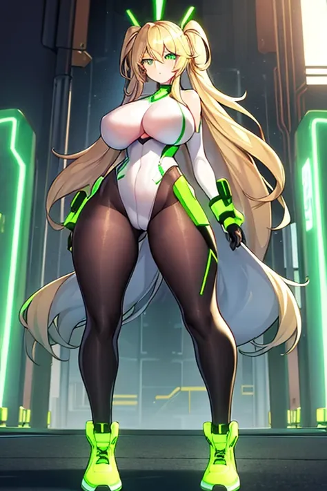 1girl, green eyes, blonde hair, long hair, large breasts, hourglass figure, bodysuit, white bodysuit, neon, neon trim, machinery, tech, science-fiction, futuristic, serious, standing, full body, ((full body)),, pantyhose, black pantyhose, wavy hair, sneake...