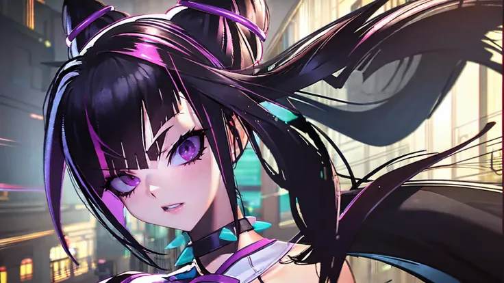 create a high-resolution wallpaper of juri han from street fighter, set in a dynamic and intense fighting stance. she should hav...