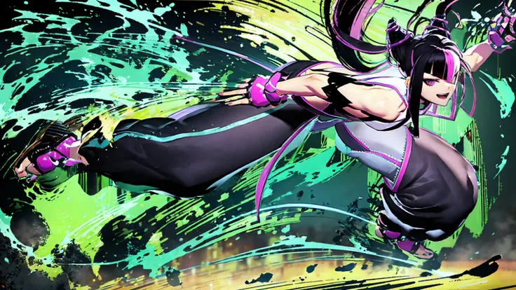 create a high-resolution wallpaper of juri han from street fighter, set in a dynamic and intense fighting stance. she should hav...