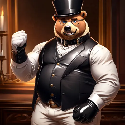 Solo, Male, fat, extremely obese, gentleman, dapper Professor Beartic, blue eyes, (posing:1.3), (soft shading), 4k, hi res, ((detailed face, detailed)), looking at viewer, mouth wide open, steampunk, collared shirt with buttons, top hat, male focus, Explor...