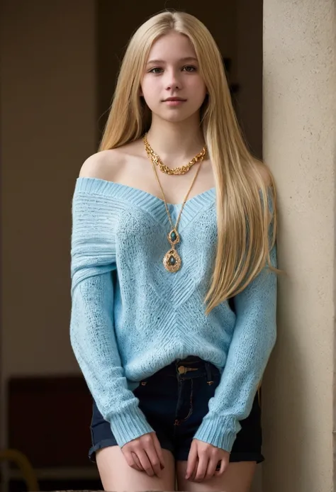 1girl in, age19, Solo, Long hair, Colossal , Looking at Viewer, blondehair, Bare shoulders, Brown eyes, jewely, Full body, a necklace, off shoulders, Sweaters, Realistic, A sexy