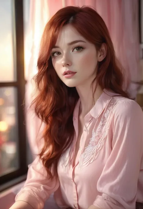 1 woman, inside a modern bedroom, wearing a light pink blouse, detailed facial features, detailed female reddish brown eyes, detailed fair skin, long red hair, soft lighting, soft expression on face, warm cinematic composition, luminous atmosphere, face ch...