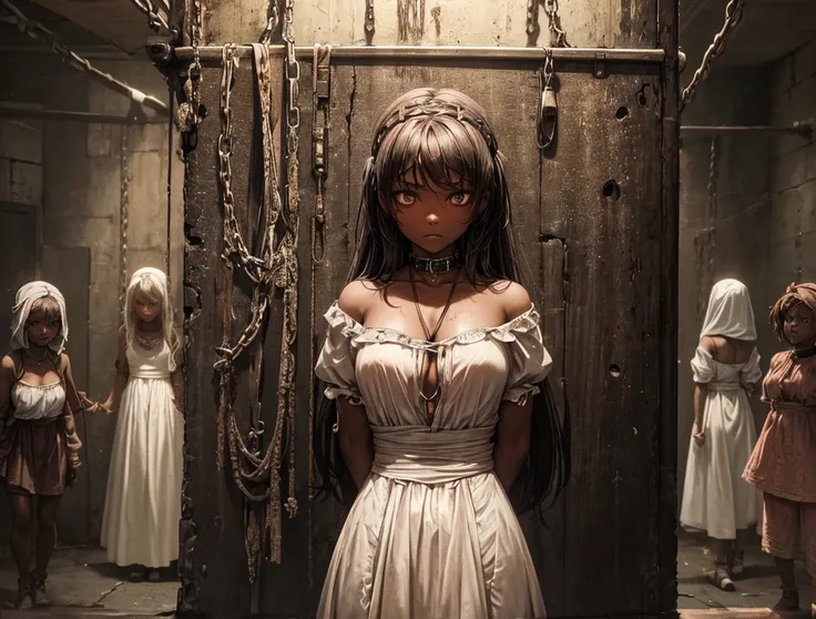 In the underground prison (scene)

Where the female slaves are kept... They are tied in ropes and chains on their neck

(The background should be gloomy, dark, and the slaves all females are dirty, like from the steets with sad eyes and torned clothing)