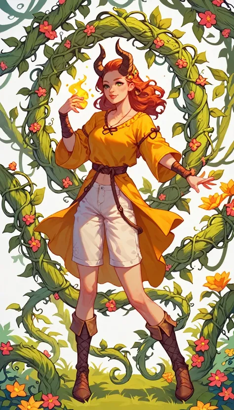 White background, [1 girl:7],whole body, Yellow medieval summer girl, concept, vines on the hand and horns from the vines, full length, whole body, magic hunter, White shorts, SFV