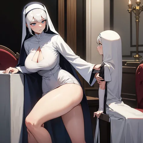 A woman with white hair  ..with big chest and big thigh  .with a nun&#39;s clothing 