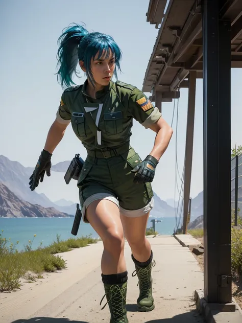 30-year-old woman, alone, athletic, blue hair tied in a ponytail, wears green military shorts, wears a green military top, wears...