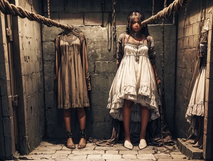 In the underground prison (scene)

Where the female slaves are kept... They are tied in ropes and chains on their neck.. there are 5 of them 

(The background should be gloomy, dark, and the slaves all females are dirty, like from the steets with sad eyes ...