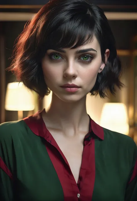 1 woman, inside a room decorated in dark colors and red, wearing a dark green blouse, detailed facial features, detailed female green eyes, detailed light skin, asymmetrical black short undercut hair, soft lighting, serious expression on her face, cinemati...