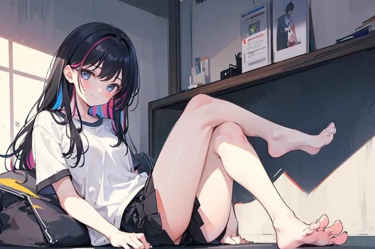 1 girl, sitting, socks, no shoes, looking at viewer, smiling, sitting on floor, black socks, (sketch:1.25), best quality, (((perfect feet))), multicolored hair, high res, masterpiece, supersharp,