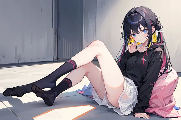 1 girl, sitting, socks, no shoes, looking at viewer, smiling, sitting on floor, black socks, (sketch:1.25), best quality, (((perfect feet))), multicolored hair, high res, masterpiece, supersharp,