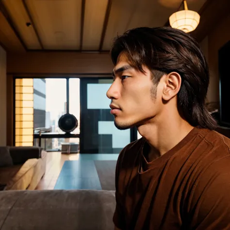 Brown hair, brown eyes, a guy named brian, shard jawline, living room scenery, male, Japanese mixed Korean type eyes, side view, dlim nose, dim lips, 4k, nationality is Filipino, left side veiw showing off his sharp jawline, Espanol, teen