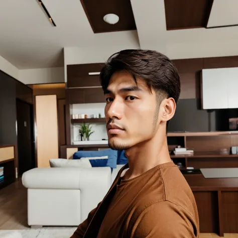 Brown hair, brown eyes, a guy named brian, shard jawline, living room scenery, male, Japanese mixed Korean type eyes, side view, dlim nose, dim lips, 4k, nationality is Filipino, left side veiw showing off his sharp jawline, Espanol, teen