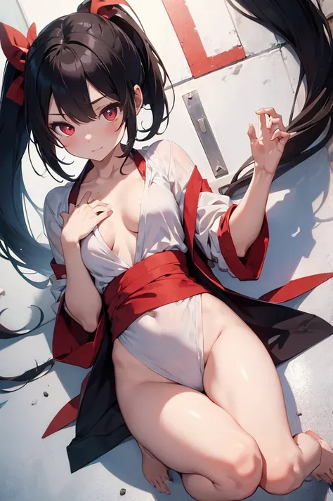 ((Masterpiece))A girl, small breasts, thin waist, packed skin add_detail, detailed red pupils add_detail, by white add_detail, Ponytail hairstyle, perfect skin, in a mini kimono, barefoot add_detail 