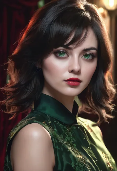 1 woman, inside a room decorated in dark colors and red, wearing a dark green blouse, detailed facial features, detailed female green eyes, detailed light skin, black undercut hair, soft lighting, serious expression on her face, cold cinematic composition,...