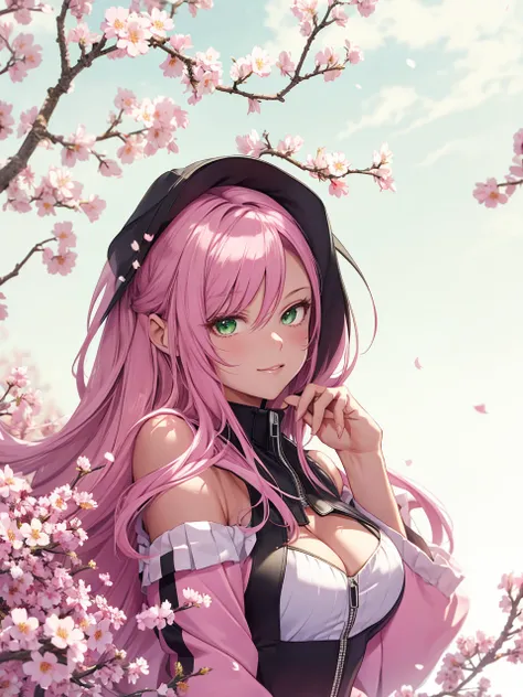 tmasterpiece， Best quality at best， 1girll， Sakura Haruno， Large breasts，Off-the-shoulder attire，（cleavage)，（upperbody closeup)，Raised sexy，is shy，ssmile，with pink hair， long whitr hair， （Green eyeballs:1.4)， Forehead protection， the cherry trees，Cherry bl...