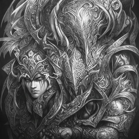 Drullen, warrior king, white and black, pencil draw, sketch, style of Anne Stokes, by Anne Stokes, no pupils, angry, white hair, high detail, Gothic art, from above, panorama, anatomically correct, super detail, high quality, best quality, highres, 4K