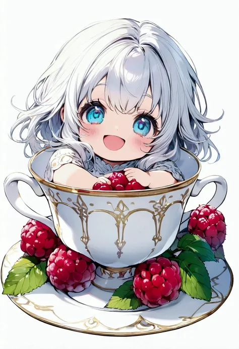 white plump kitten, with doll-like blue eyes, smiling, mouth wide open, sitting in a white cup with a saucer in which there are 3 years old raspberries