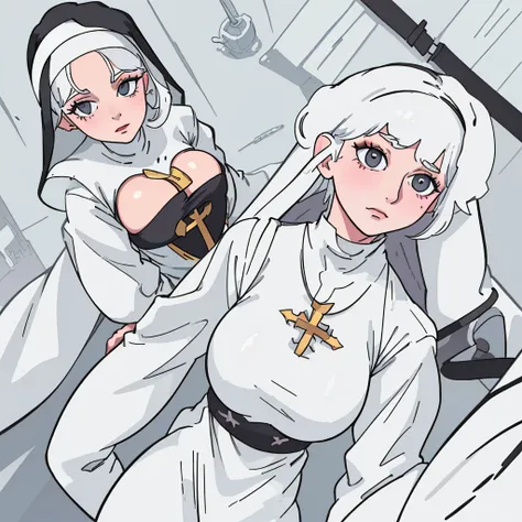 A woman with white hair  ..with big chest and big thigh  .with a nun&#39;s clothing 