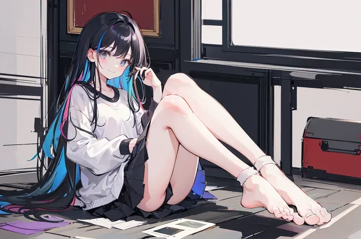 1 girl, sitting, socks, no shoes, looking at viewer, smiling, sitting on floor, ((black socks)), (sketch:1.25), best quality, (((perfect feet))), multicolored hair, high res, masterpiece, supersharp, 