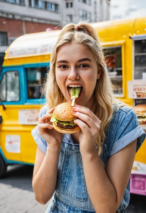 25-year-old blonde European girl eating burger in front of a food truck . She is happy, Looking at the camera. Background: street side with full of crowd