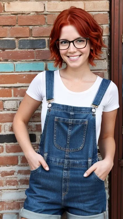 1 girl, short red hair, glasses, freckles, sexy overalls,  smiling,  nsfw