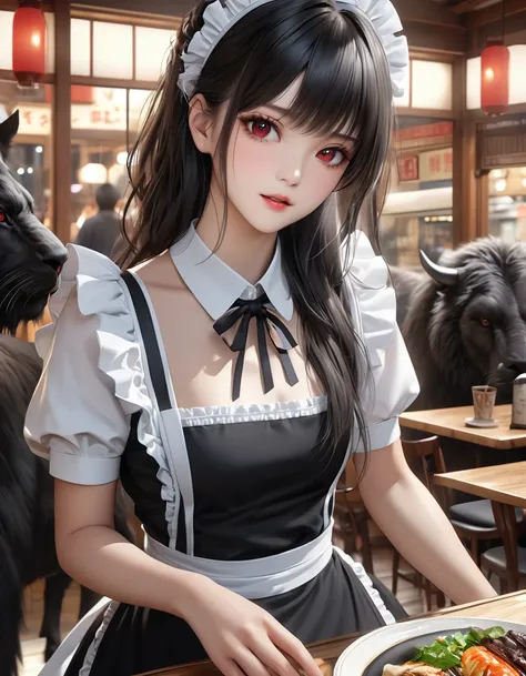 high quality, detailed, Realistic,(25 years old beautiful maid), looking for Restaurant in japanese town,(detailed dark red eyes), (black long hair),large beasts,(shiny skin), best quality,4k,8k,highres,masterpiece:1.2),ultra-detailed,(realistic,photoreali...